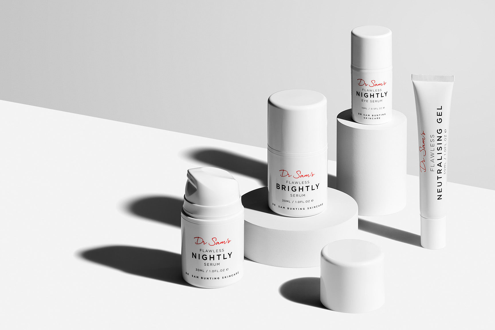 Dr Sam's Serums featuring Flawless Nightly 2% Retinoid Serum, Flawless Brightly Serum, Flawless Nightly Eye 2% Retinoid Serum, Flawless Neutralising Gel